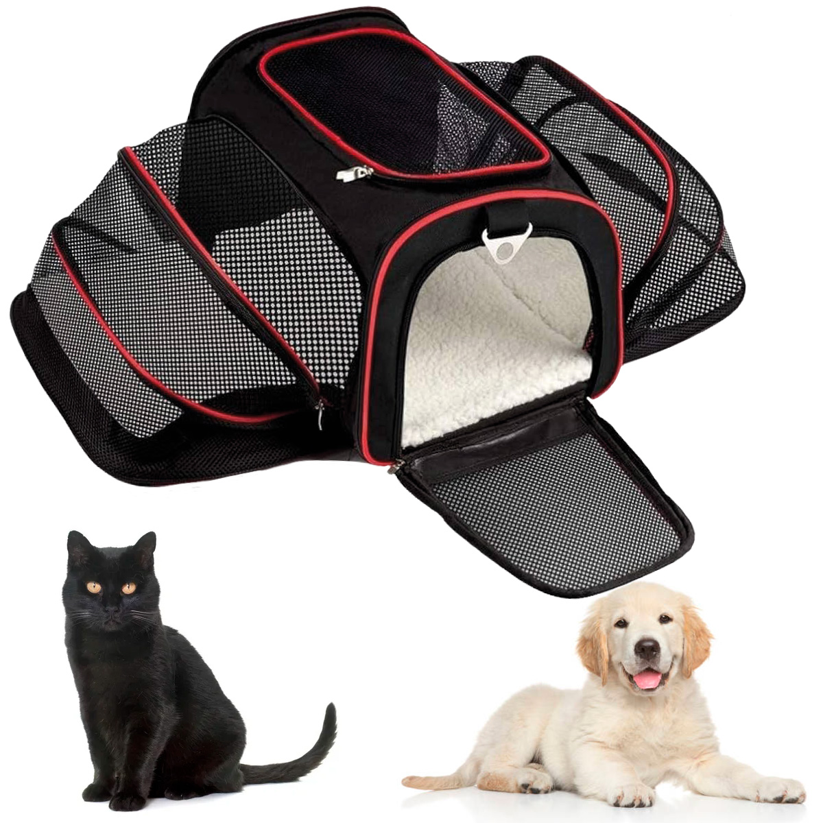 BOLSO EXPANSIBLE CON CARPA PARA MASCOTAS BEEPAW NEGRO C/ ROJO