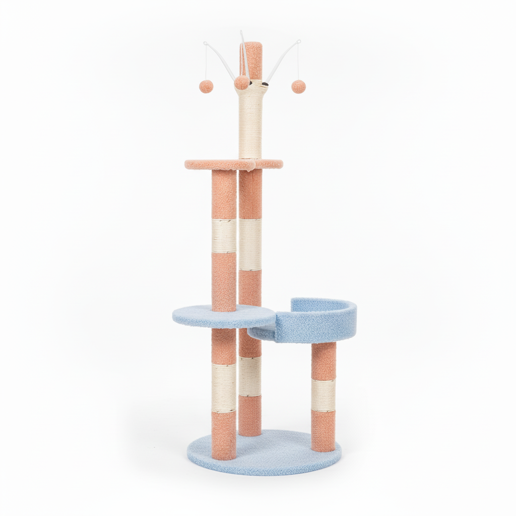 ARBOL PARA GATOS BEEPAW TRIPLE AZUL Y SALMON CON PEZ 40*40*125CM. MOD10