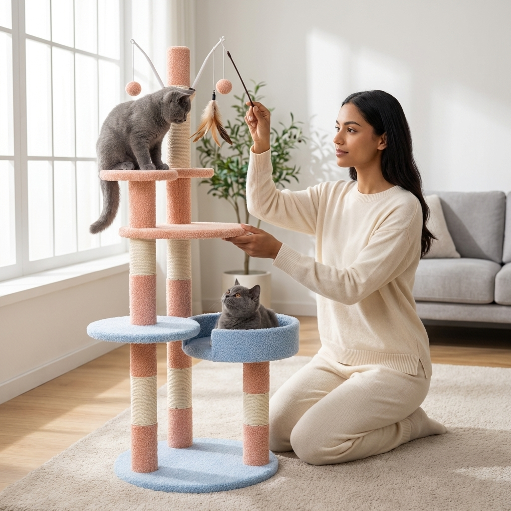 ARBOL PARA GATOS BEEPAW TRIPLE AZUL Y SALMON CON PEZ 40*40*125CM. MOD10 - Imagen 3