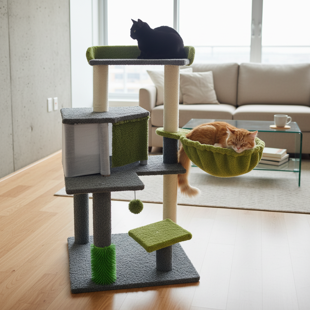 ARBOL PARA GATOS BEEPAW PREMIUM 3 PISOS TERCIOPELO VERDE CON RASCADOR Y CASITA. MOD14 - Imagen 2