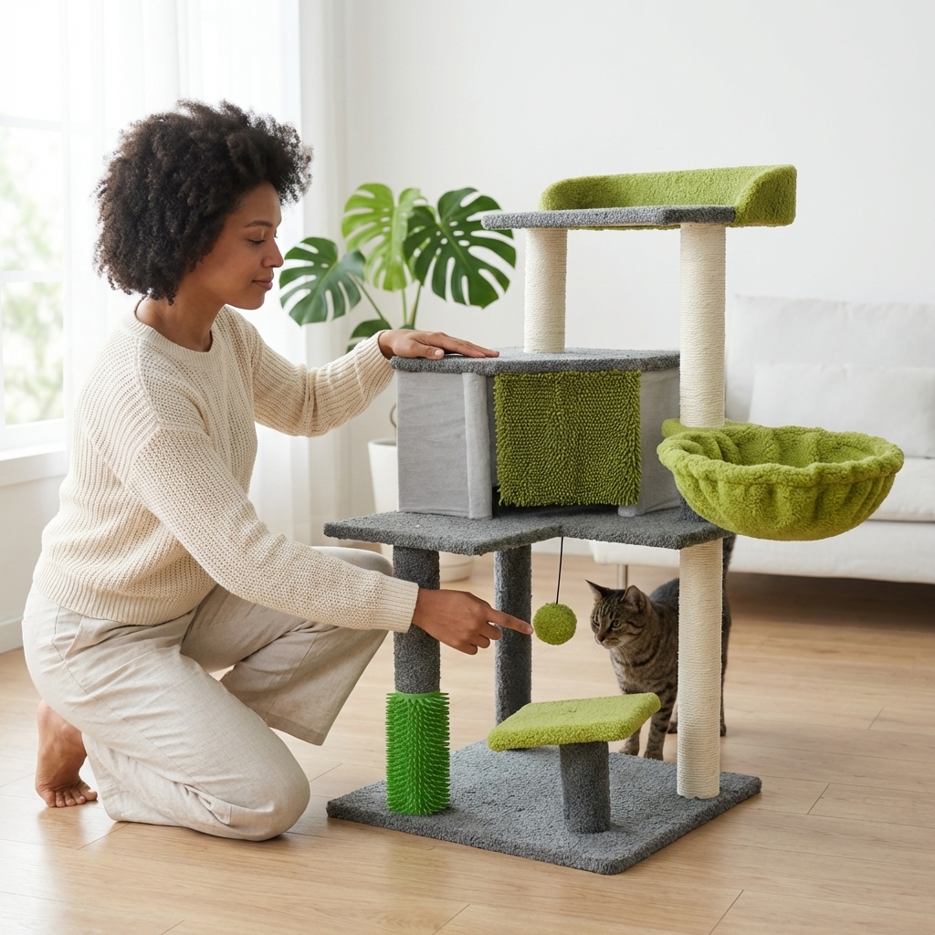 ARBOL PARA GATOS BEEPAW PREMIUM 3 PISOS TERCIOPELO VERDE CON RASCADOR Y CASITA. MOD14 - Imagen 3