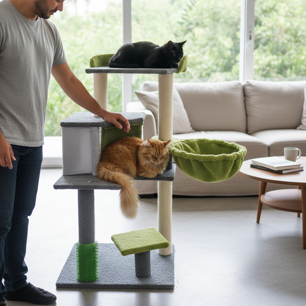 ARBOL PARA GATOS BEEPAW PREMIUM 3 PISOS TERCIOPELO VERDE CON RASCADOR Y CASITA. MOD14 - Imagen 5
