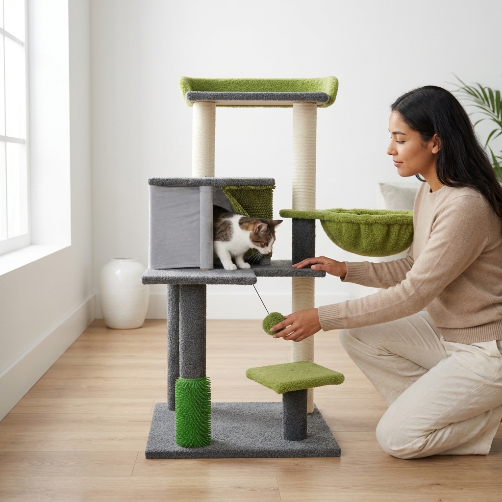 ARBOL PARA GATOS BEEPAW PREMIUM 3 PISOS TERCIOPELO VERDE CON RASCADOR Y CASITA. MOD14 - Imagen 4